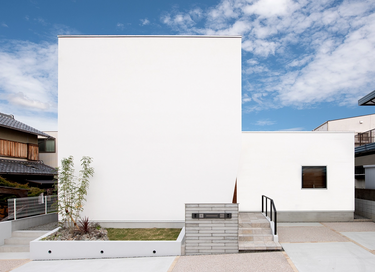 中庭から光取り込む真っ白な家